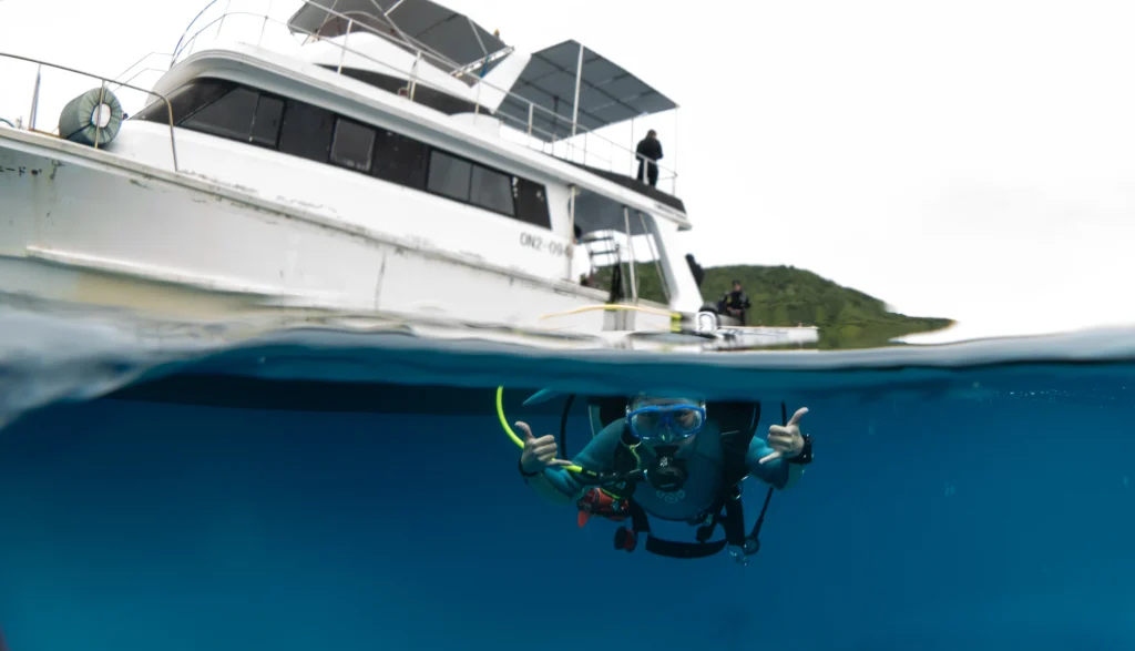 photo - a scuba diver under water in front of a boat